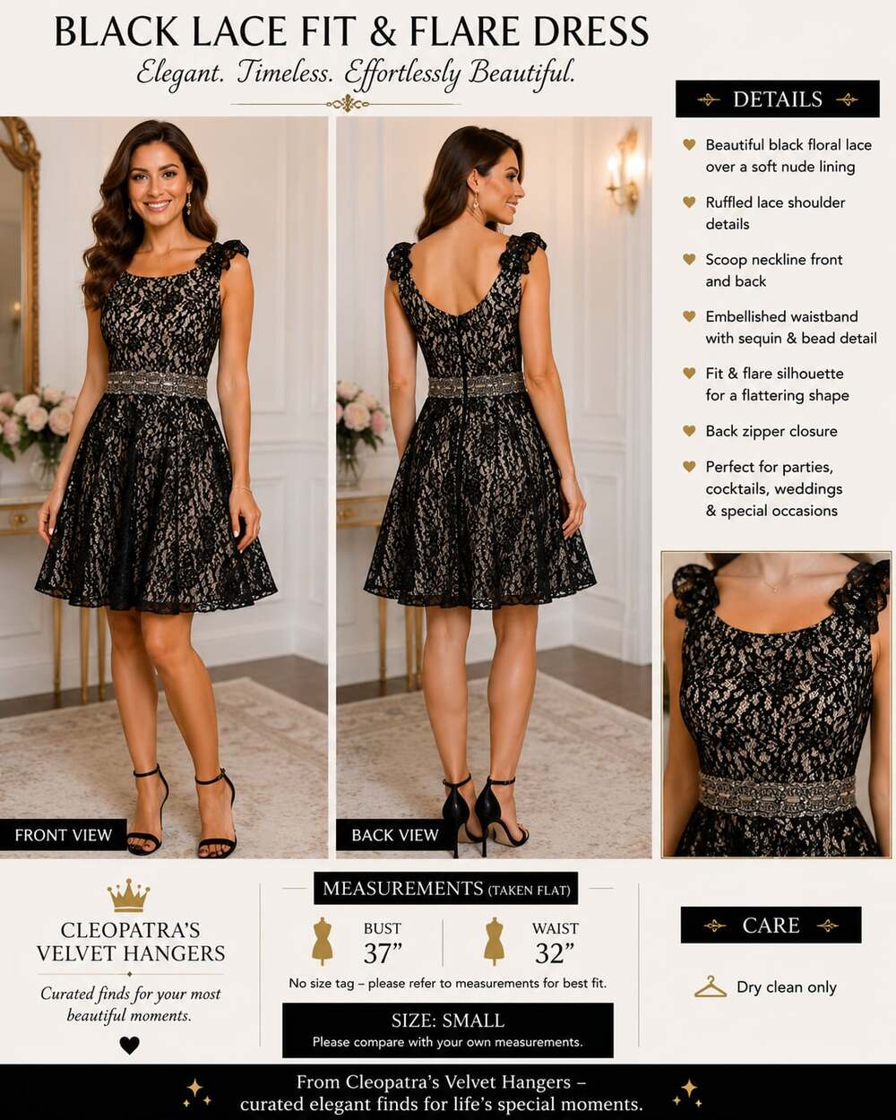 Cleopatra's Velvet Hangers Black Lace Fit & Flare Dress Size Small